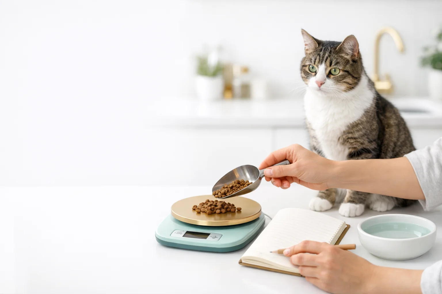 Katze vor einem gefüllten Futternapf – Motiv für den Futter-Kompass