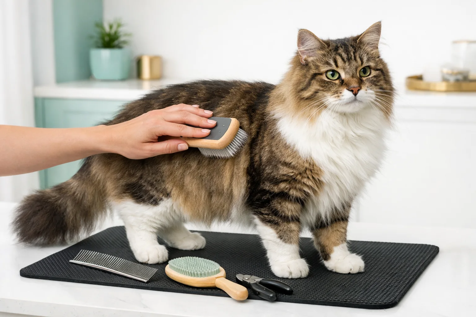 Ruhige Katzenpflege mit Bürste und freiwilliger Kooperation