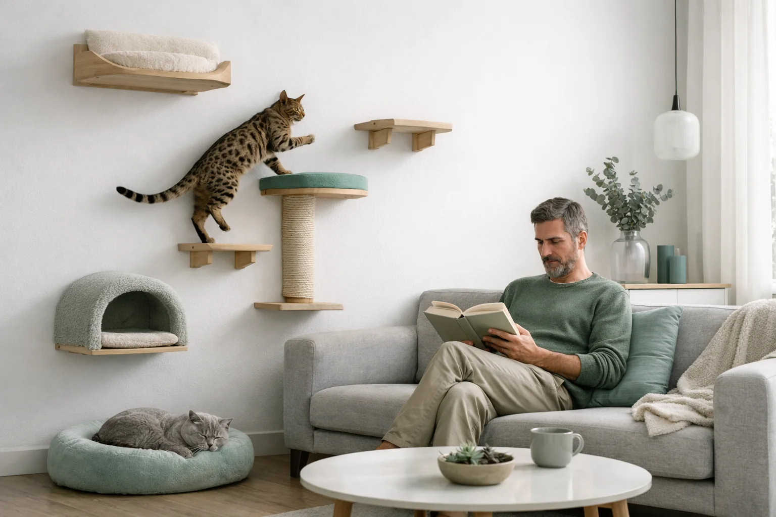 Aktive und ruhige Katze in einem abwechslungsreich eingerichteten Wohnraum