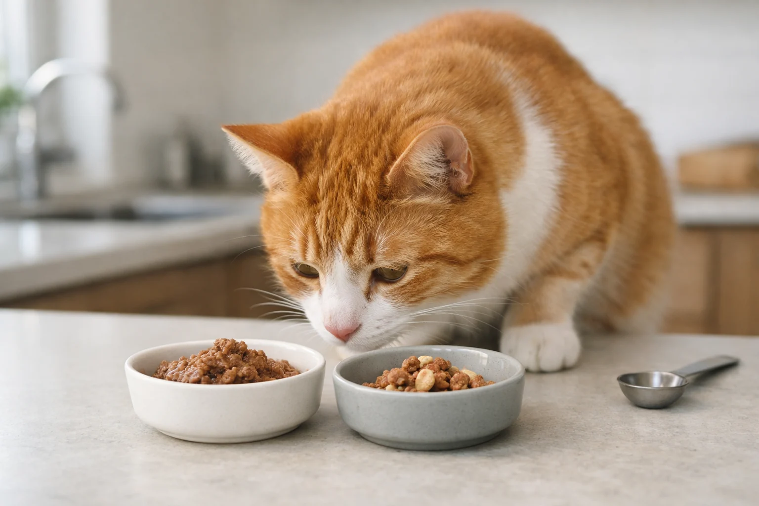 Orange-weiße Katze prüft zwei Futterschalen bei einer Futterumstellung