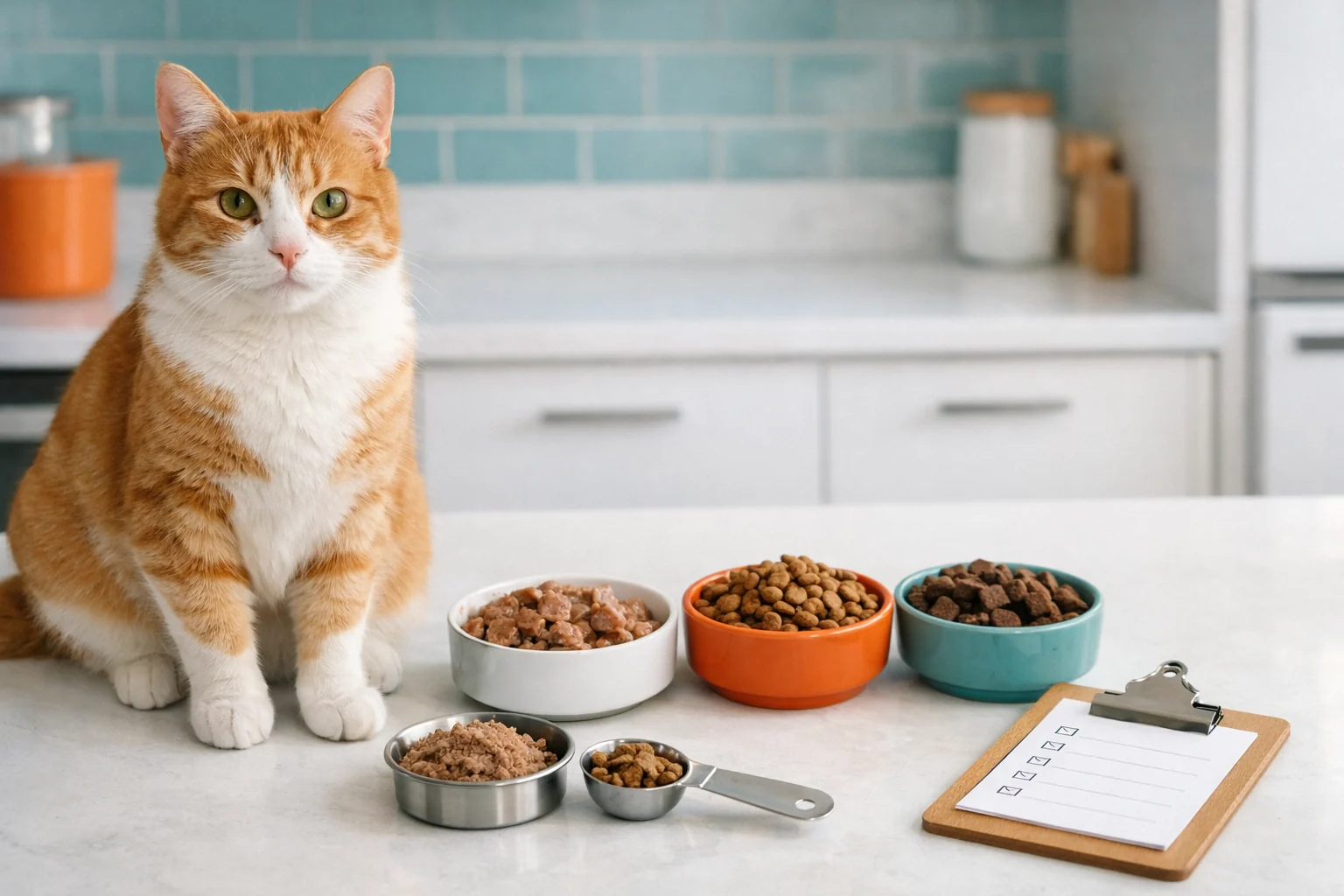 Orange-weiße Katze neben Futterschalen und neutraler Checkliste