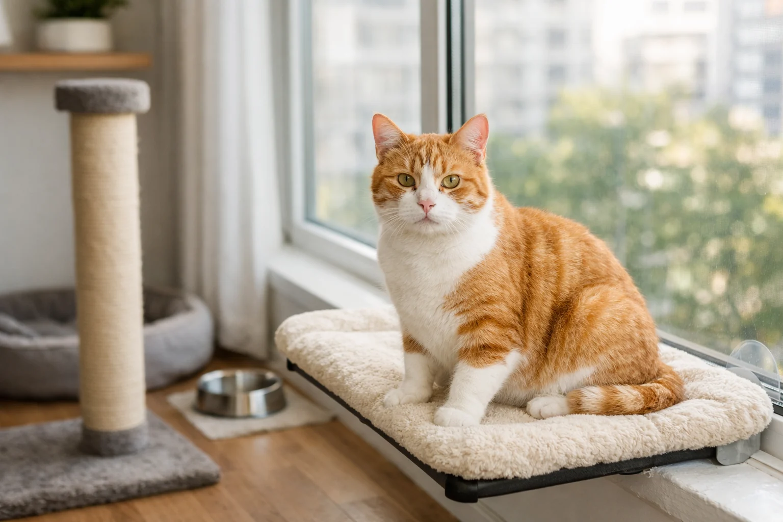 Erwachsene orange-weiße Katze in katzengerecht eingerichteter Wohnung mit Fensterplatz und Kratzbaum
