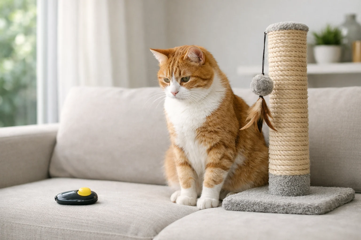 Ruhige erwachsene Katze neben Kratzbaum und Clicker als Symbol für Verhalten und Training