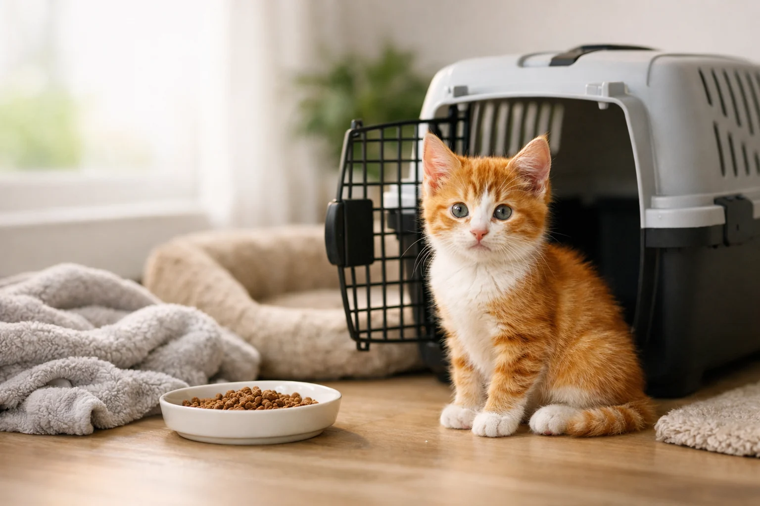 Orange-weißes Kitten beim Einzug mit Transportbox und Futterplatz