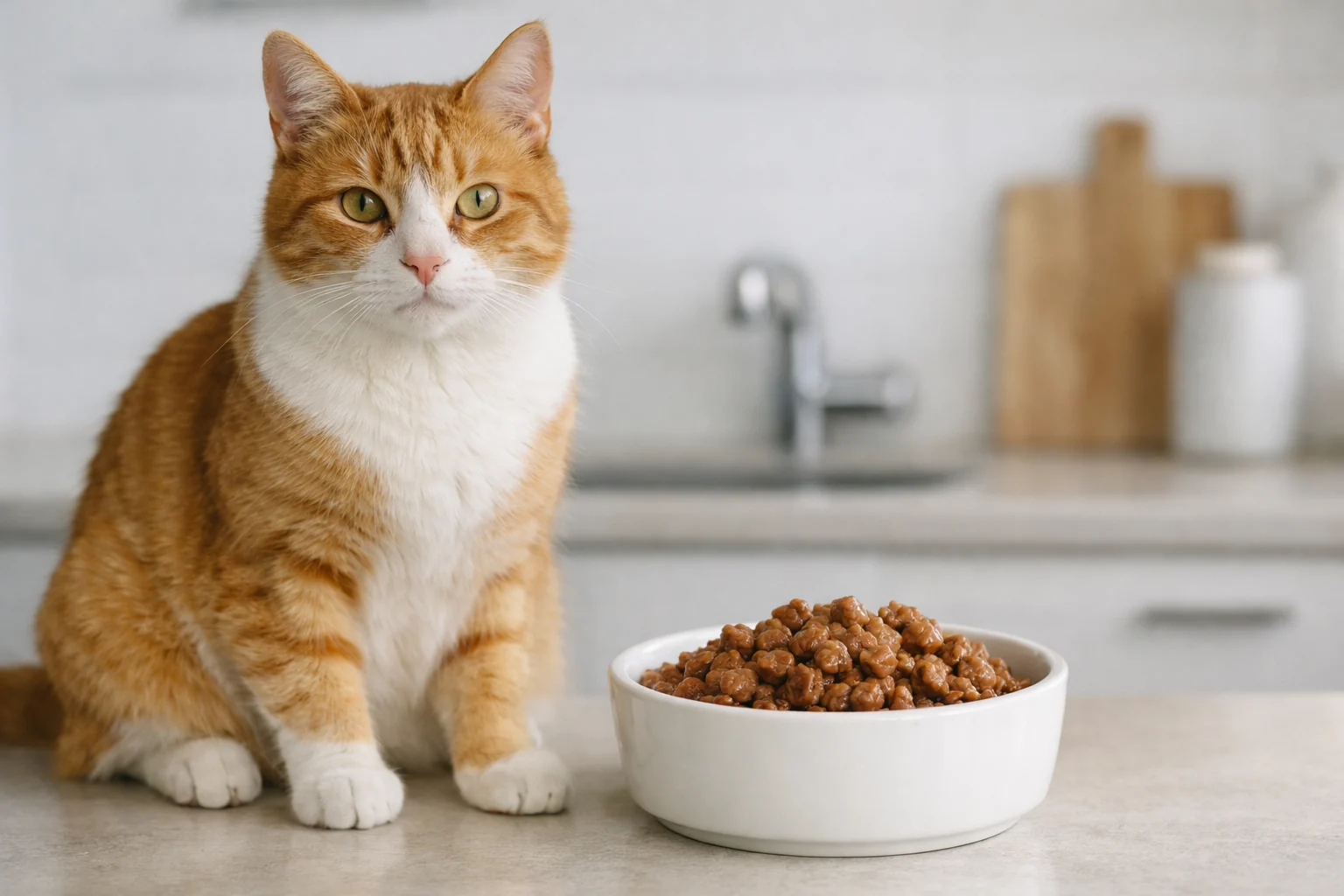 Orange-weiße Katze sitzt neben einer weißen Schale Nassfutter
