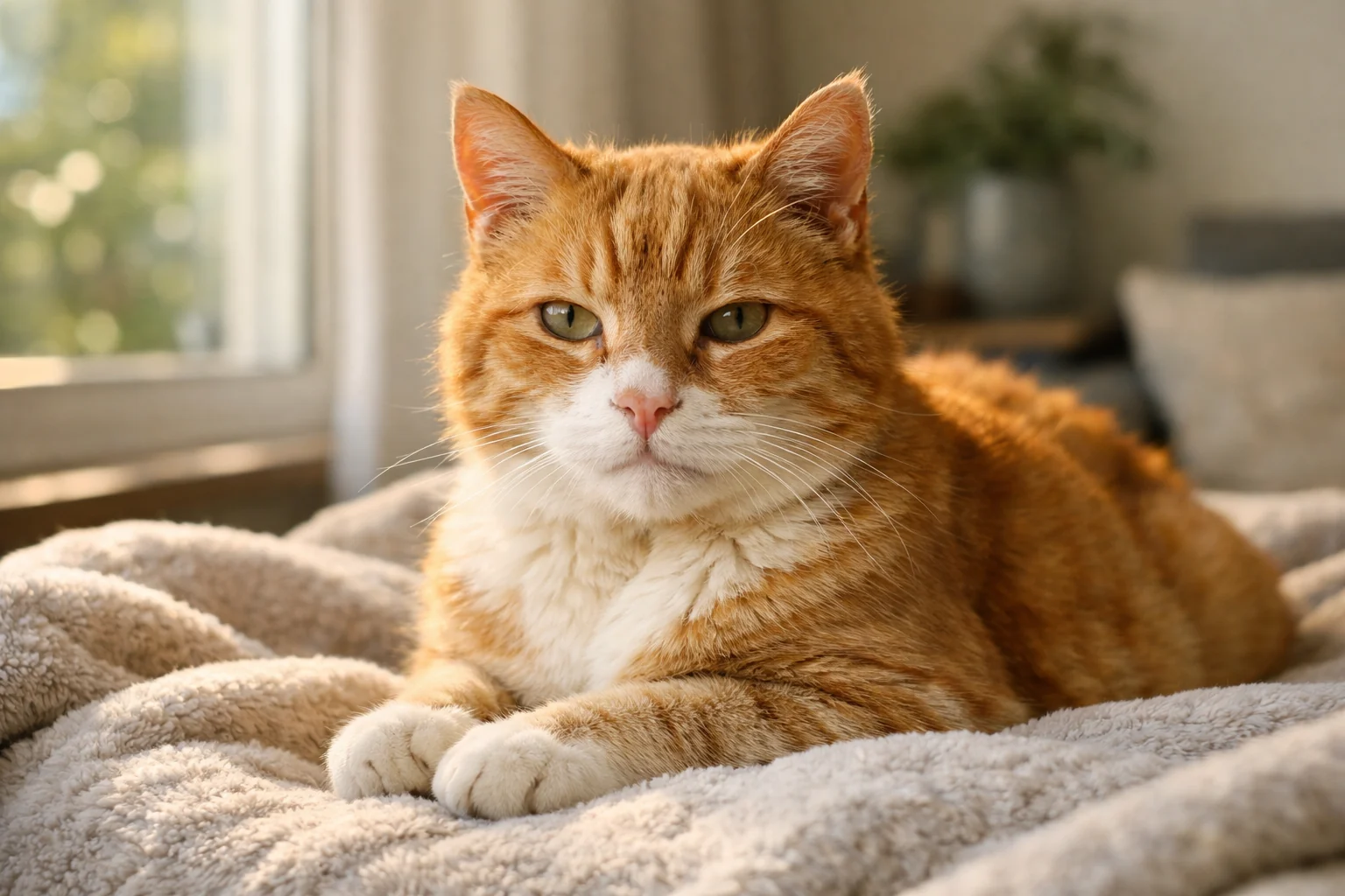 Ältere orange-weiße Katze liegt entspannt auf einer Decke am Fenster