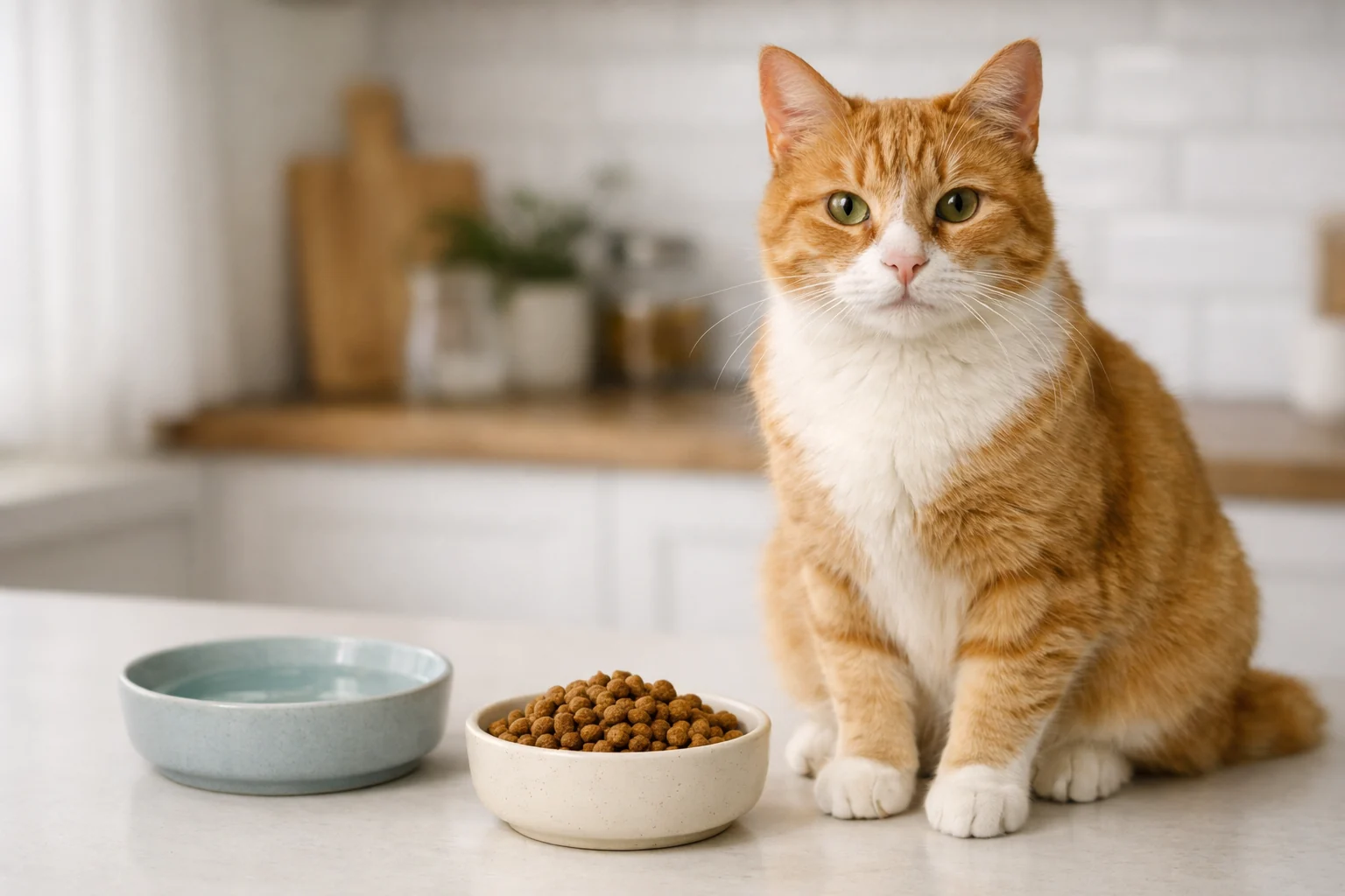 Orange-weiße Katze sitzt neben Trockenfutter und Wasserschale